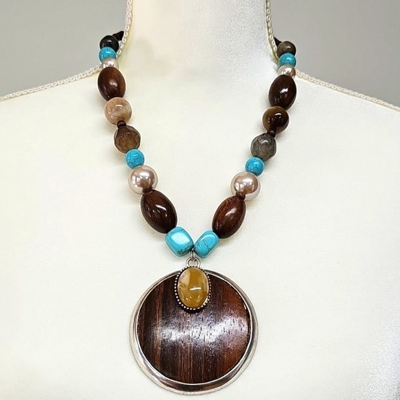 CHICO'S Beaded Turquoise Brown Necklace Silver Accents & Wood Pendant - Picture 1 of 5
